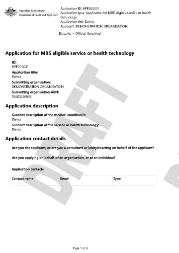 Example of an MSAC application record (MBS funding)