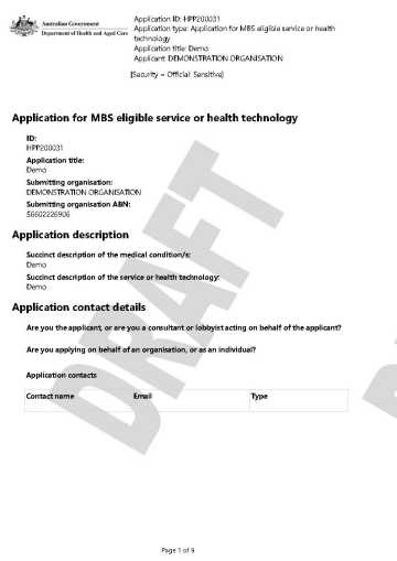 Example of an MSAC application record (MBS funding)