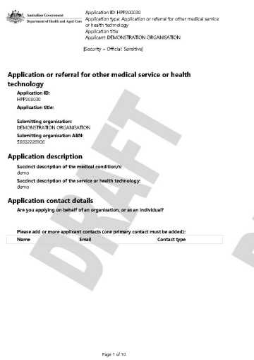 Example of an MSAC application record (non-MBS funding)