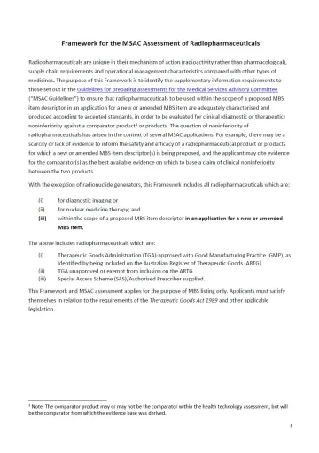 Framework for the MSAC assessment of radiopharmaceuticals