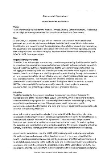 Cover page for the Statement of Expectations for the MSAC Chair – Professor Jonathon Craig 2025