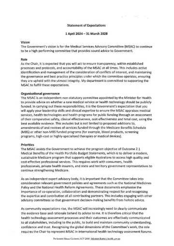 Cover page for the Statement of Expectations for the MSAC Chair – Professor Jonathon Craig 2025