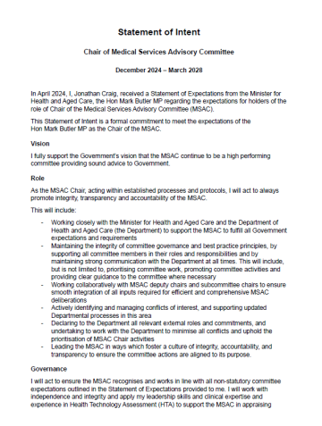 Cover page for the Statement of Intent from Prof Jonathon Craig (2025 MSAC Chair)